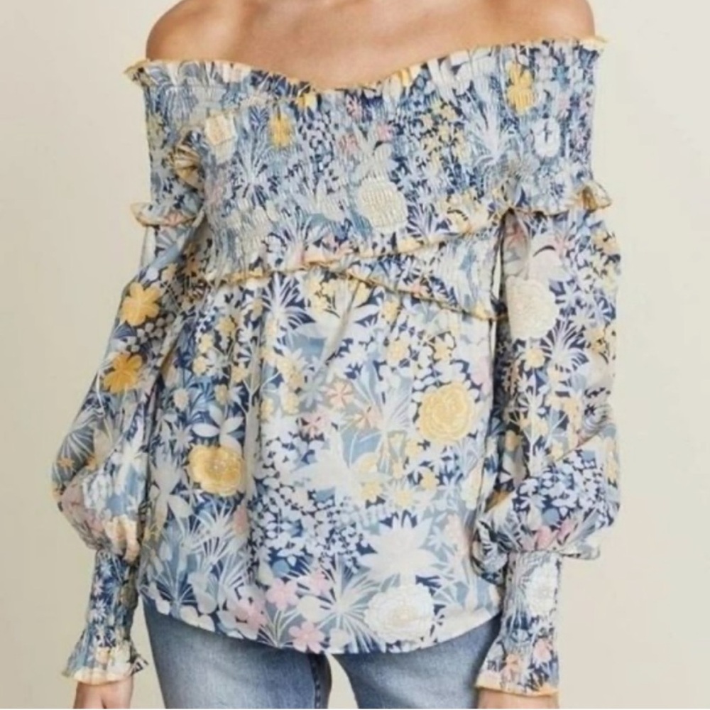 NWOT Alice McCall Blue, Yellow & Pink Floral Smocked Long Sleeve Love Shakin Top